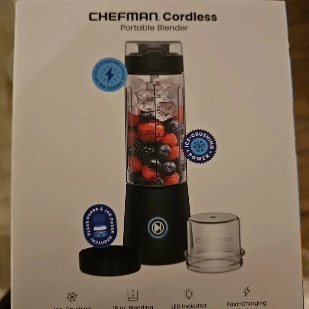 CHEFMAN Cordless Portable Blender Ice Crushing Power, 16 oz. Jar, LED Lights NIB